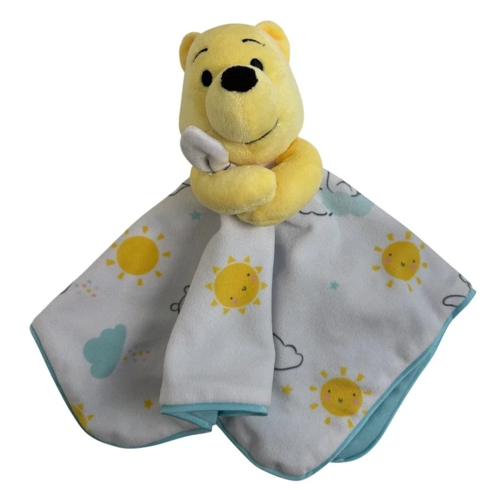 Disney Winnie the Pooh Baby Lovey Security Blanket Yellow Blue Sun Clouds